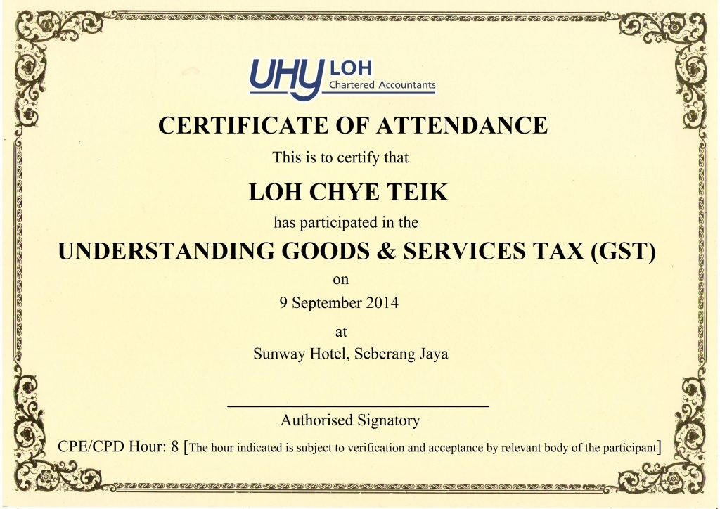UHY Loh Attendance Certificate